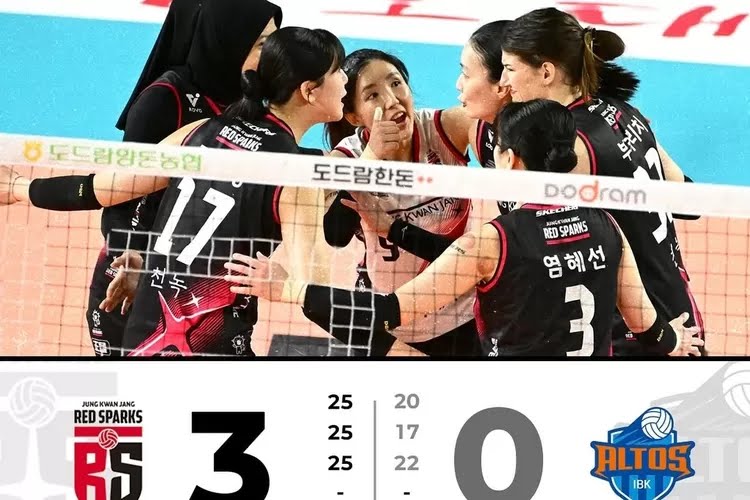 MENANG: Tim Voli wanita asal Korea Selatan, Red Spark berhasil menang melawan IBK Altos pada putaran kelima liga voli korea 2024- 2025, Rabu (12/2/2025).