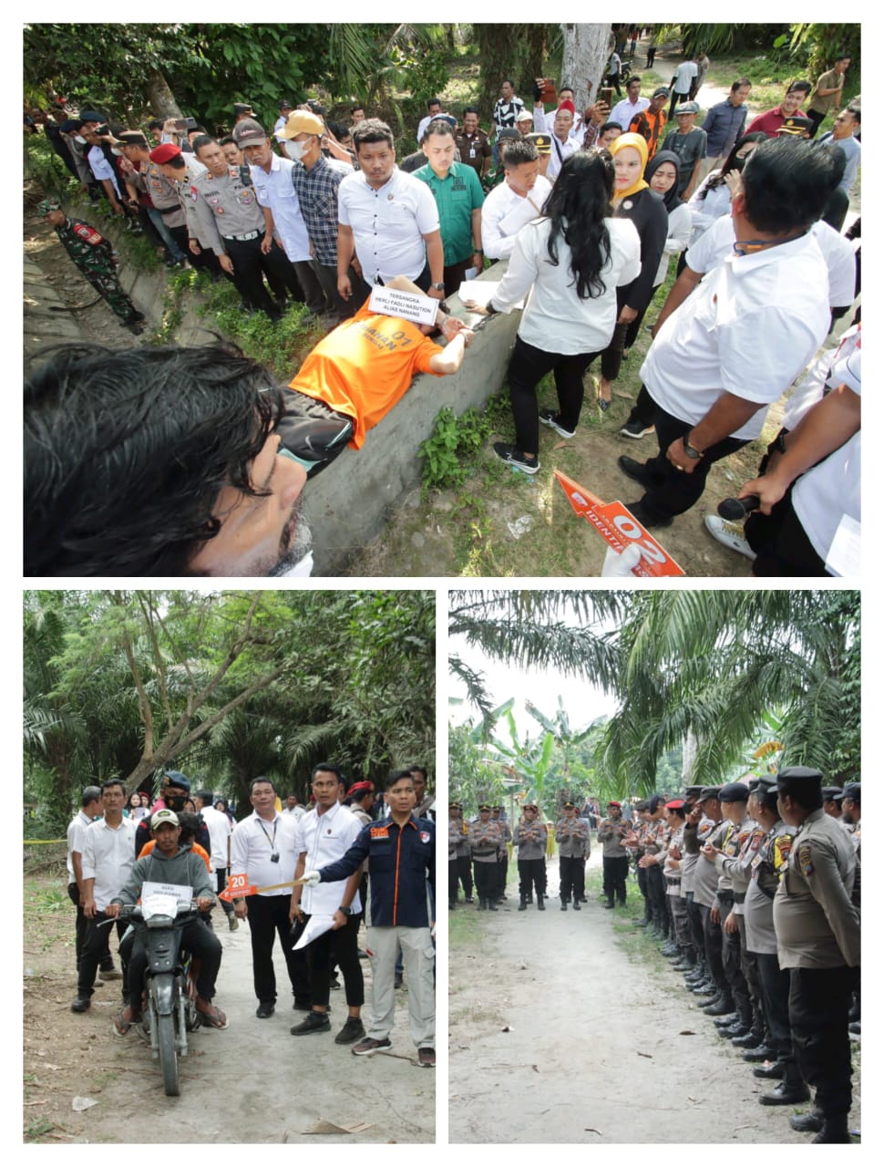 REKONSTRUKSI: Tersangka memperagakan beberapa adegan rekontruksi di lokasi kejadian di Desa Lubuk Saban, Kecamatan Pantai Cermin, Sergai( 12/2/2025). ISTIMEWA/SUMUT&nbsp;POS