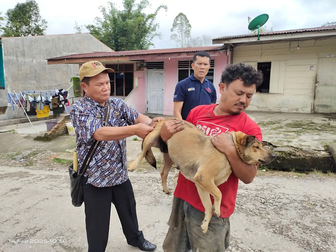 VAKSIN RABIES: Kabid Peternakan dan Perikanan, Togi Capah (kiri) saat memimpin vaksinasi rabies terhadap anjing warga di Desa Kalang, Kecamatan Sidikalang, Jumat (14/2/2025).istimewa/Sumut&nbsp;Pos