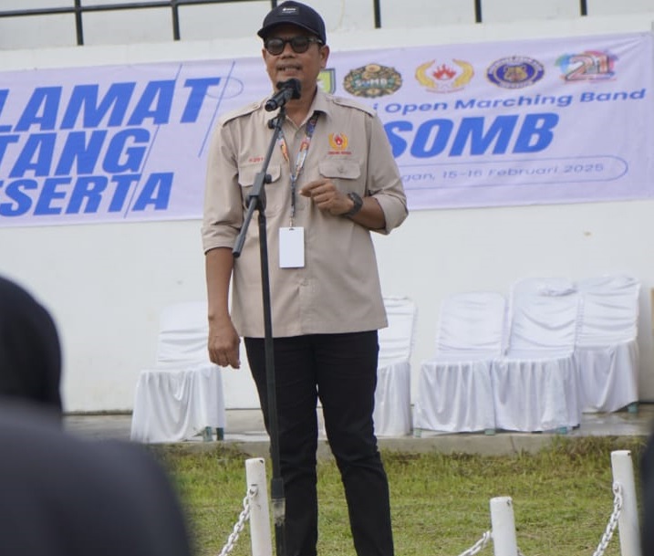 SOMB: Ketua Umum KONI Kabupaten Sergai,Usman Effendi Sitorus saat berikan kata sambutan di acara kejuaraan SOMB tahun 2025 di Perbaungan . ( FADLY&nbsp;/SUMUT&nbsp;POS)