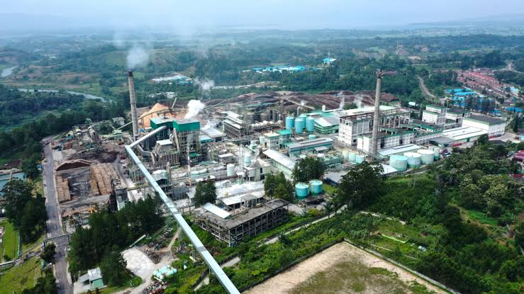 OPERASIONAL: Pabrik PT Toba Pulp Lestari di Porsea, Sumatera Utara saat sedang beroperasi.