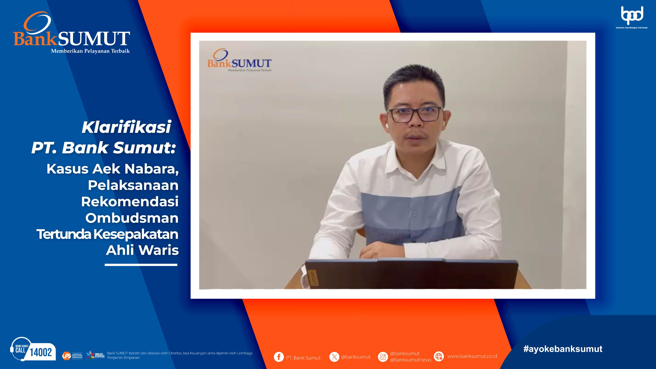 KETERANGAN: Kuasa Hukum Bank Sumut, Bambang Santoso, menyampaikan keterangan terkait dugaan penggelapan agunan debitur Aek Nabara yang tengah ditangani Direktorat Reskrimsus Polda Sumut.