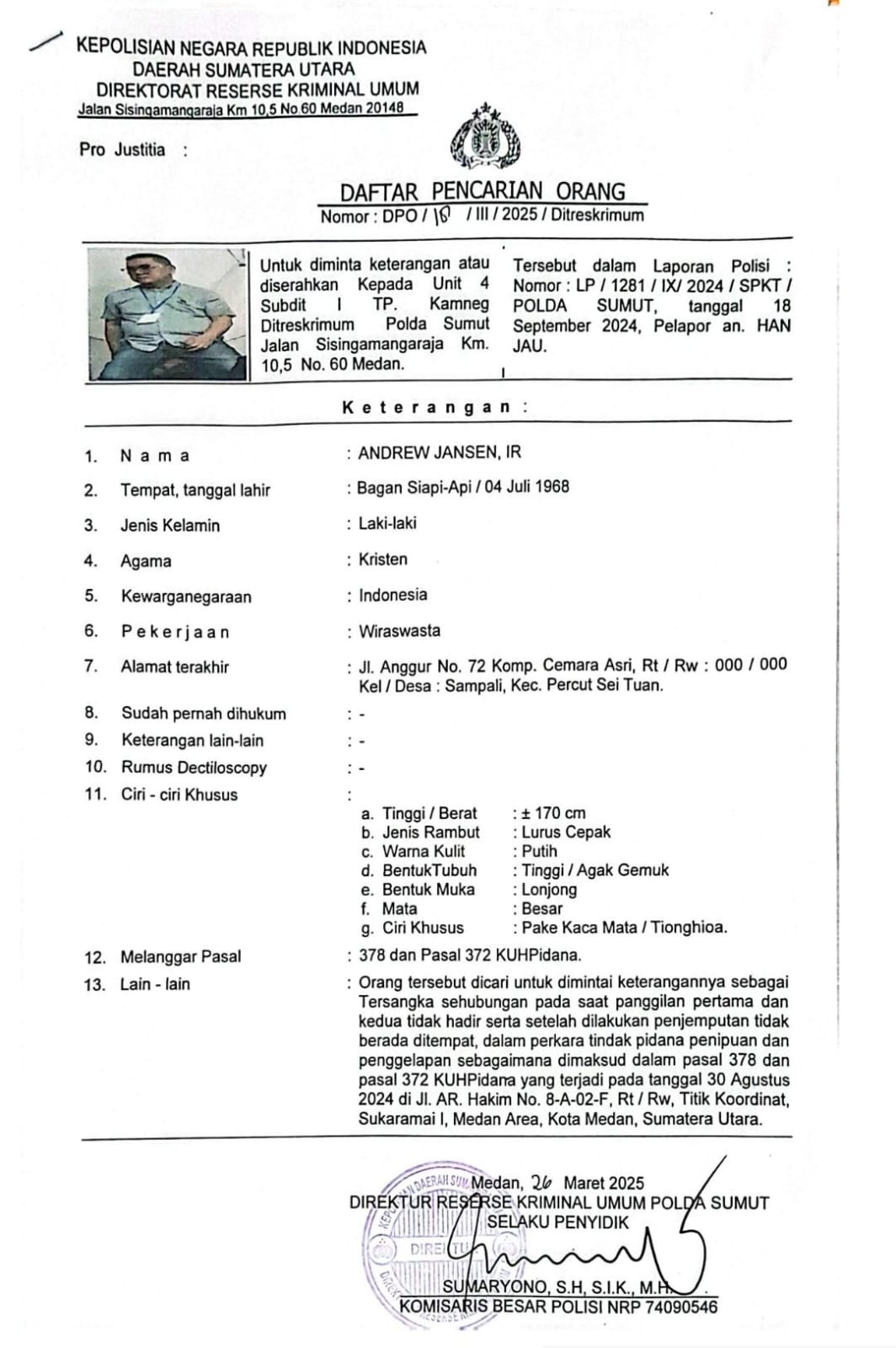 FOTO: Bukti surat status DPO AJ dan tersangka AJ.
