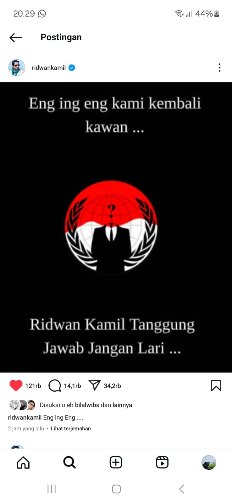 Akun instagram Ridwan Kamil diretas oleh orang yang tidak bertanggung jawab.