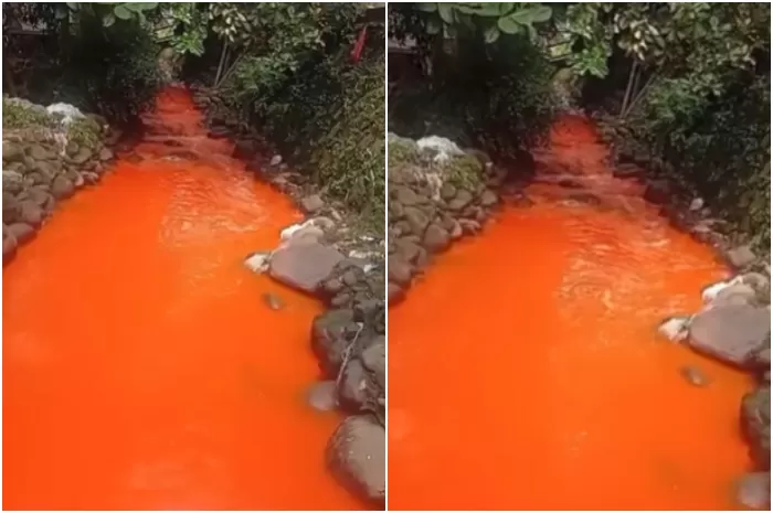 ORANGE: Air sungai di Kecamatan Citeureup, Bogor berwarna orange.