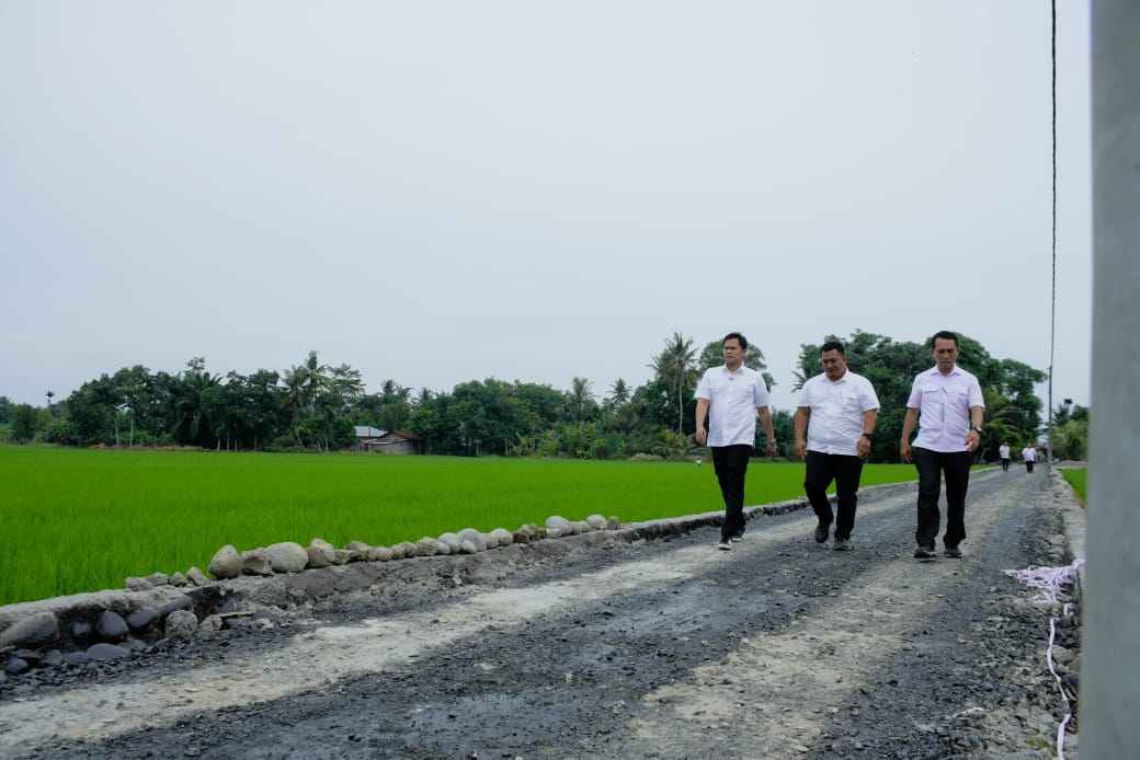 TINJAU: Wabup Sergai Adlin Tambunan didampingi Kadis PUTR Sergai Johan Sinaga saat tinjau jalan ruas jalan yang akan di hotmix.