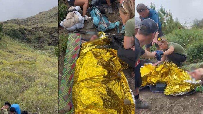 EVAKUASI: Bule asal Swiss jatuh di Danau Segara, Gunung Rinjani. Kabarnya dia patah tulang. (Dok: istimewa)