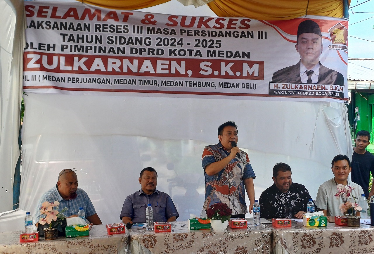 Wakil Ketua DPRD Kota Medan, Zulkarnaen S.K.M menggelar Reses di Kelurahan Sidorame Barat I, Kecamatan Medan Perjuangan, Sabtu (26/7/2025) siang. (Markus Pasaribu/Sumut Pos)