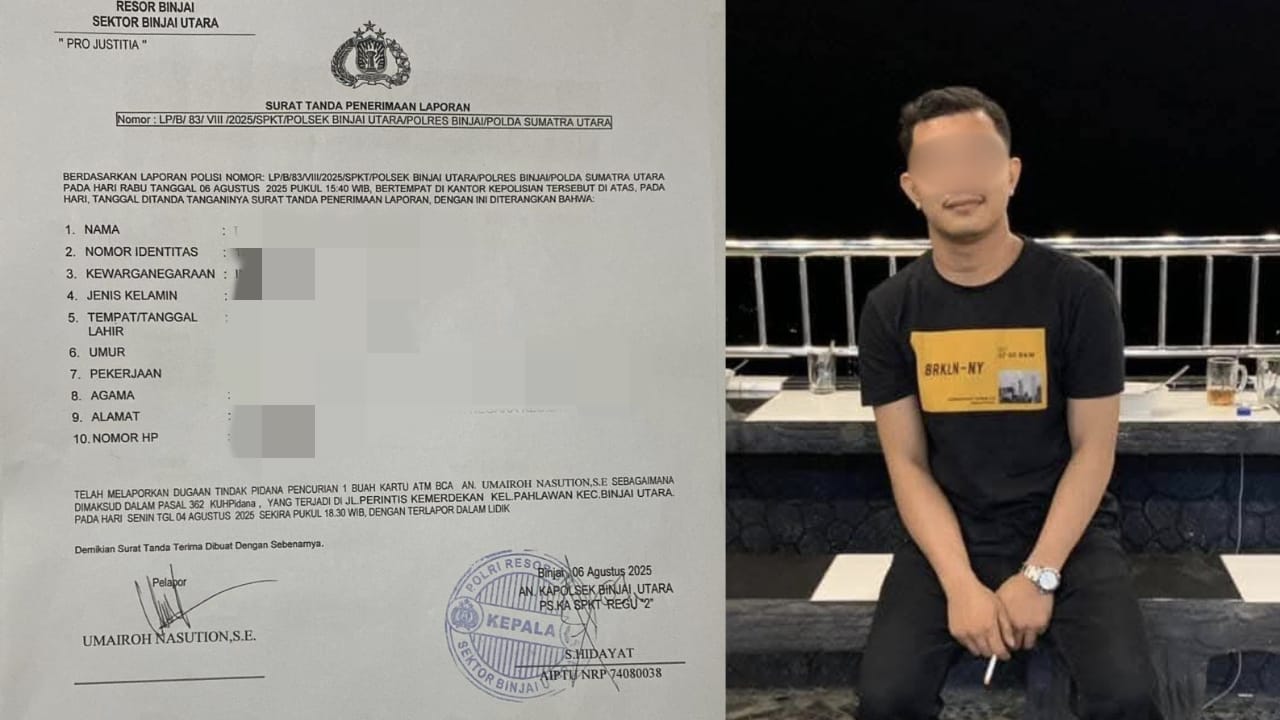 Kolase foto: Terlapor (kanan) dan bukti laporan polisi di Polsek Binjai Utara.
