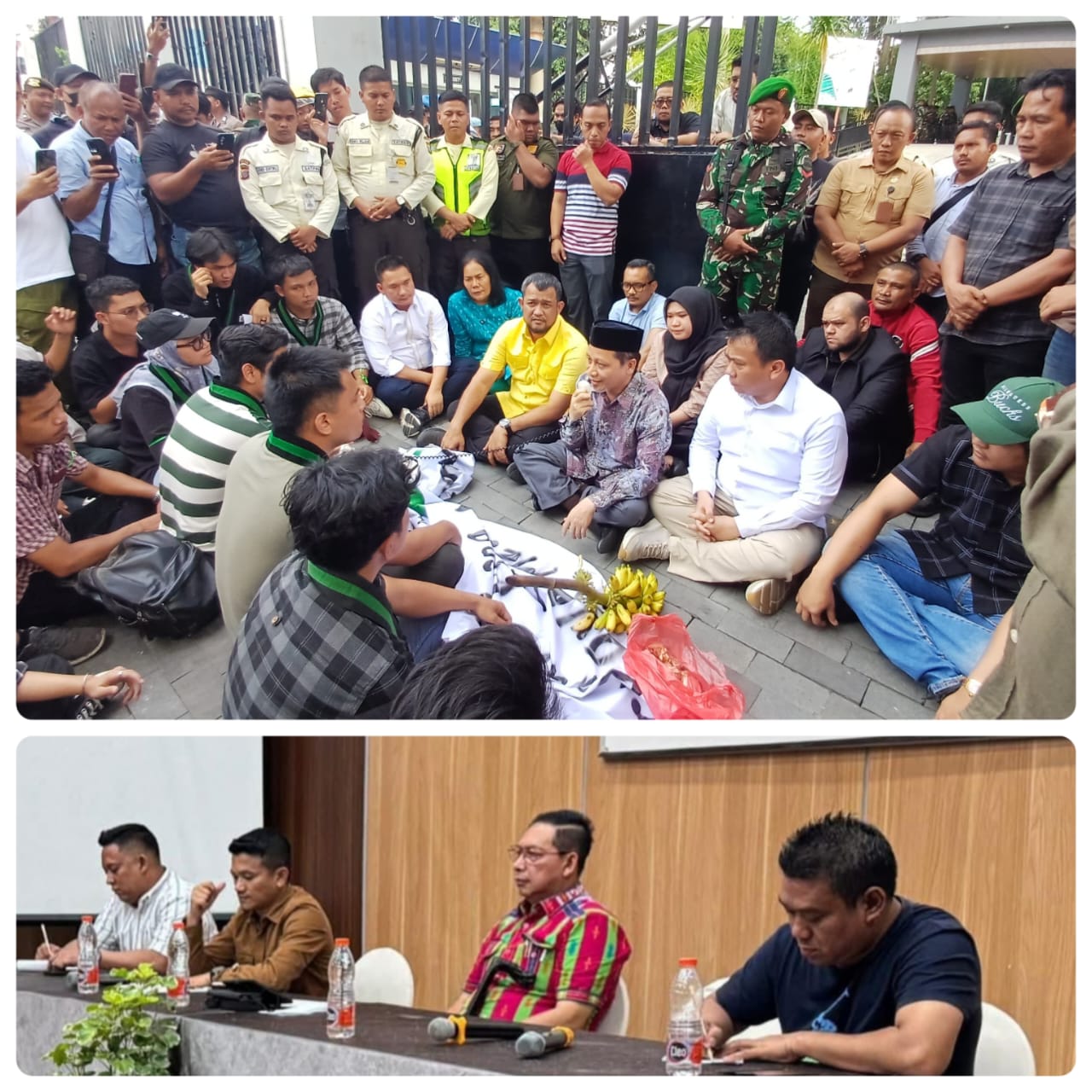 TEMU: 3 Pimpinan DPRD Medan menemui massa demonstrasi di gedung DPRD Medana (atas). Wong Chun Sen melakukan pertemuan dengan mahasiswa di Hotel Grand Inna Medan (bawah). (Dok: ist)