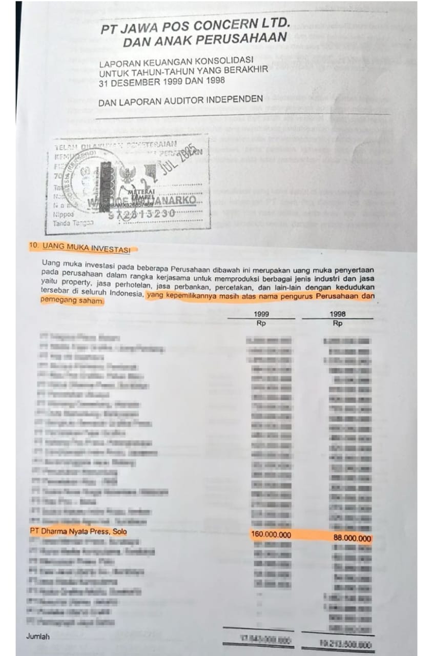 Bukti tanda terima dari Jawa Pos terkait pembelian saham di PT Dharma Nyata Press. (Istimewa)