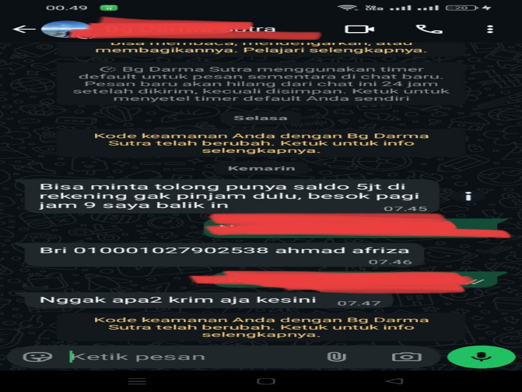 Salah satu tangkapan layar pesan WhatsApp dari nomor Darma Sutra yang telah diretas. (REPRO/SUMUT POS)