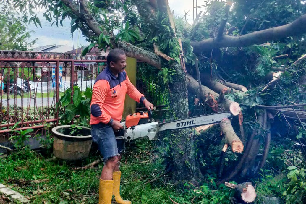 Petugas BPBD Siantar melakukan pemotongan pohon yang tumbang di badan jalan. (PRA EVASI/SUMUT POS)