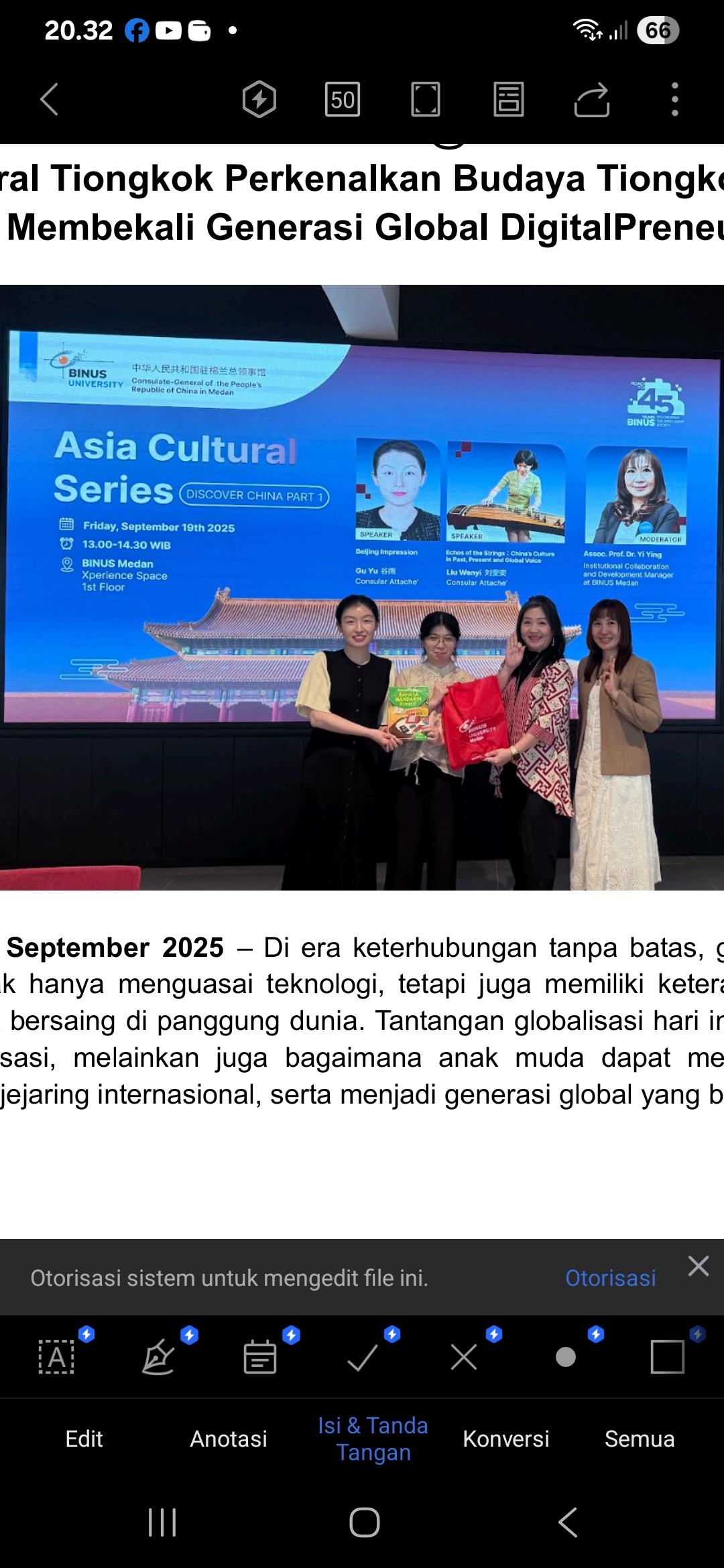ASIA CULTURE: BINUS @Medan menyelenggarakan Asia Culture Series untuk memahami budaya. Acara ini kerja sama dengan Konsulat Jenderal Rakyat Tiongkok. (Dok: istimewa)