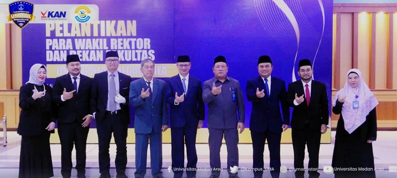 ELANTIKAN: Prof Dr Dadan Ramdan MEng MSc (5 kiri) bersama ketua dan sekretaris YPHAS serta pejabat UMA yang dilantik. (Istimewa/Sumut Pos)