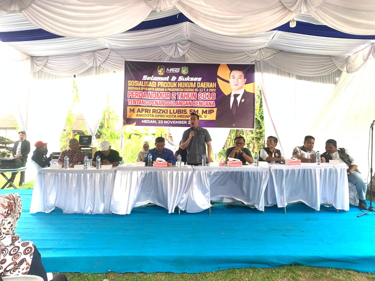 Anggota DPRD Kota Medan dari Fraksi Partai NasDem, M. Afri Rizki Lubis SM M.IP, saat sosialisasi Perda di Medan Johor. (ISTIMEWA/SUMUT POS)