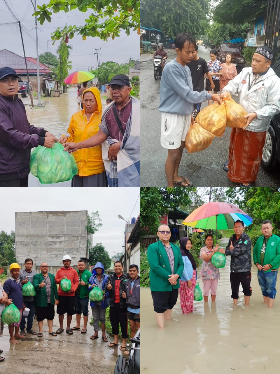 Para relawan dari Al-Washliyah, GPA, dan HIMMAH menyerahkan paket bantuan sosial kepada warga yang terdampak banjir di sejumlah titik di Kota Tebing Tinggi. (28/11/2025). (Azan Purba)