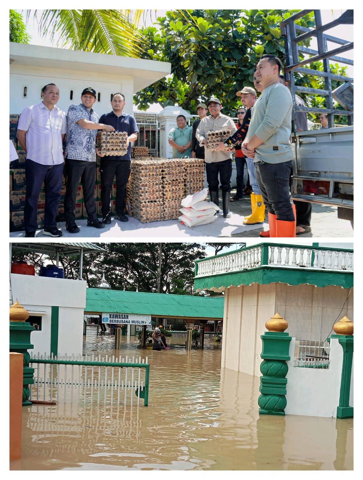 BANTUAN: Bupati Sergai Darma Wijaya saat berikan bantuan tahap 1 kepada warga melalui  forkopimcam dan Salah satu mesjid di Sei Rampah  terendam banjir.  (Dok: istimewa)