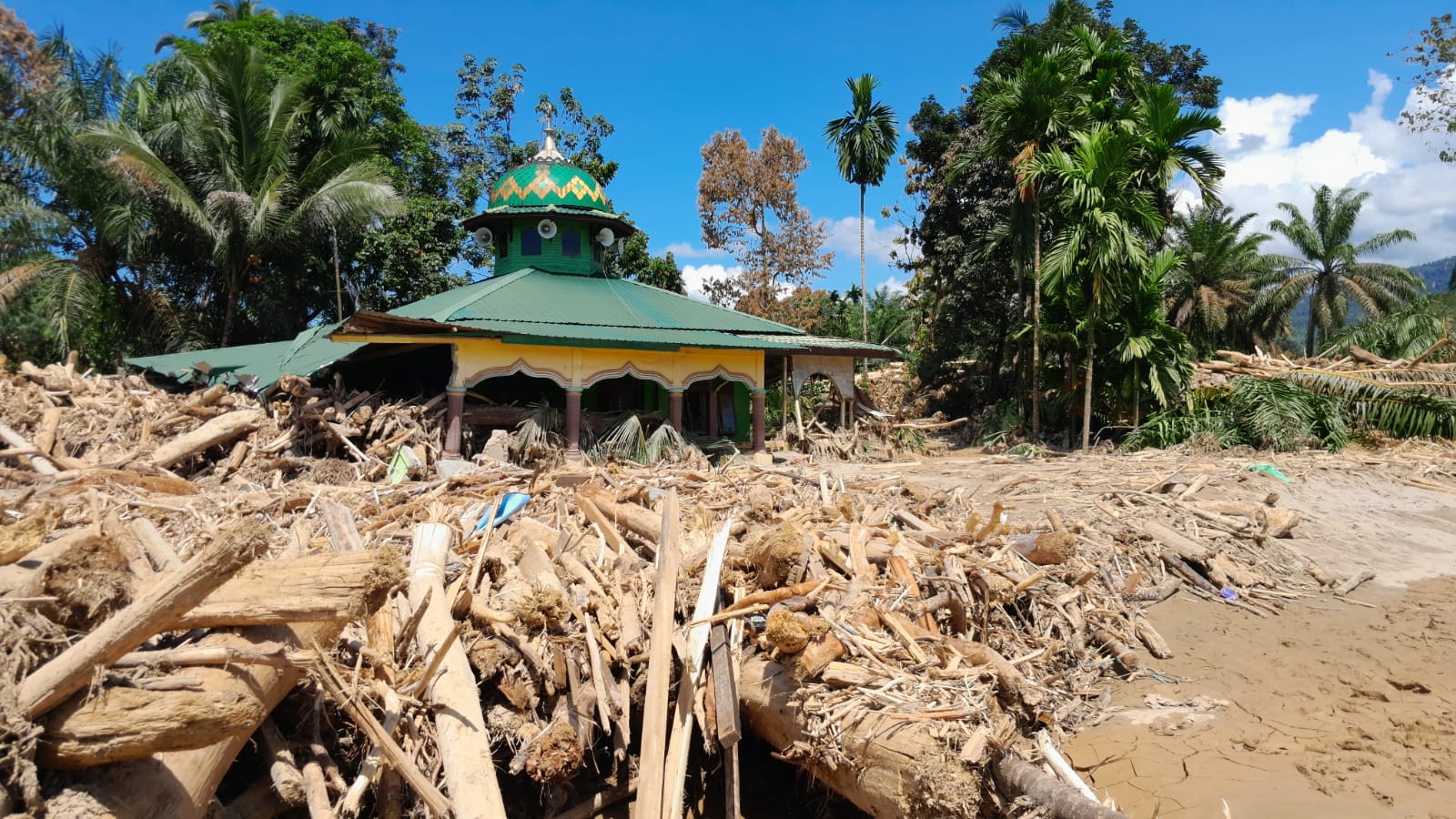 Hingga satu minggu pasca bencana, kayu gelondongan masih banyak berserak di jalanan di Tapanuli Selatan. (Subanta/Sumut Pos)