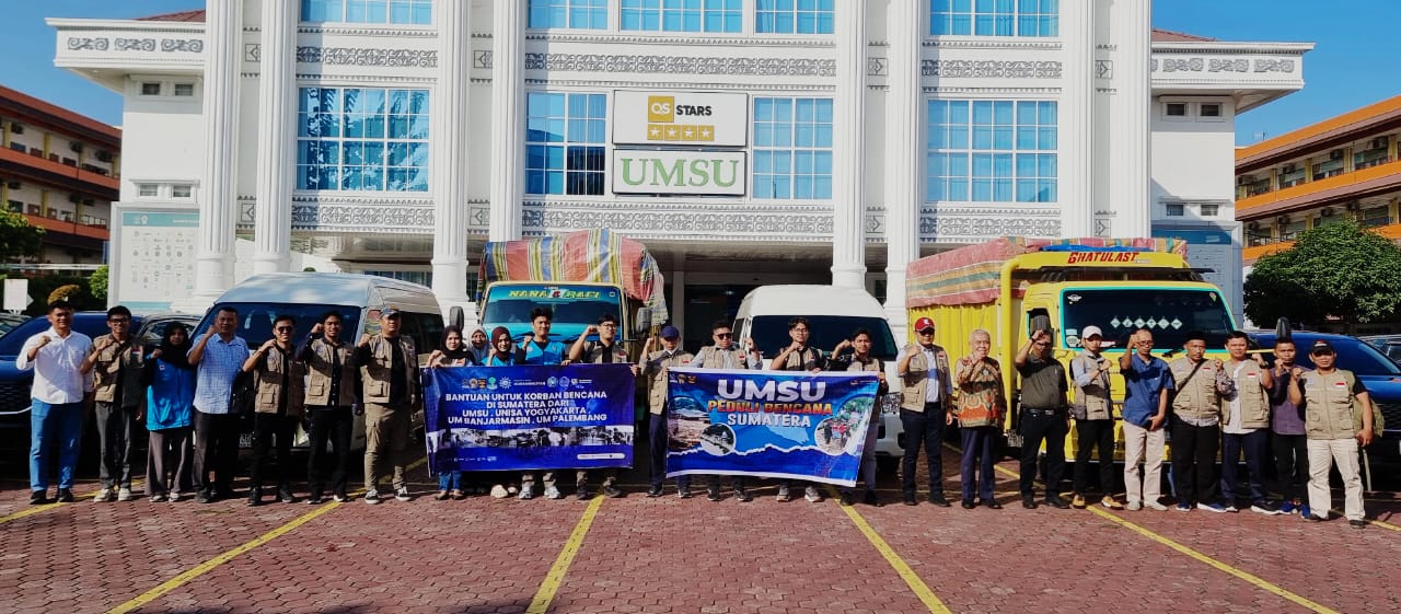 DIBERANGKATKAN: Bantuan dari empat perguruan tinggi Muhammadiyah untuk korban banjir di Aceh Tamiang diberangkatkan dari Kampus UMSU. (Istimewa/Sumut Pos)