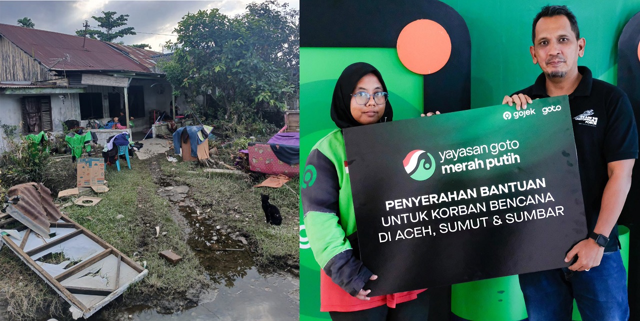 Foto kiri:   Rumah Mitra Gojek Eka Kirana pasca banjir Sumatera.  Head of Gojek Sumatera Utara Sahli Adrian (foto kanan) menyerahkan bantuan secara simbolis kepada Perwakilan Mitra Driver Gojek Medan,