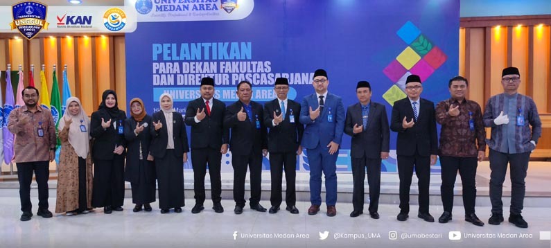 PELANTIKAN: Prof. Dr. Dadan Ramdan, M.Eng., M.Sc bersama ketua YPHAS, direktur dan dekan UMA serta undangan pelantikan. (Istimewa/Sumut Pos)