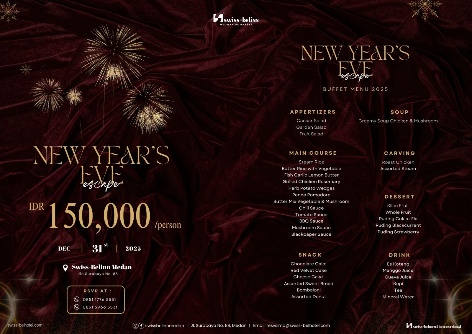 Jelang pergantian tahun 2025 ke 2026, Swiss-Belinn Medan menghadirkan dua program spesial bertajuk &ldquo;New Year&rsquo;s Eve Escape&rdquo; dan New Year&rsquo;s Eve Buffet Dinner. (ISTIMEWA/SUMUT POS)