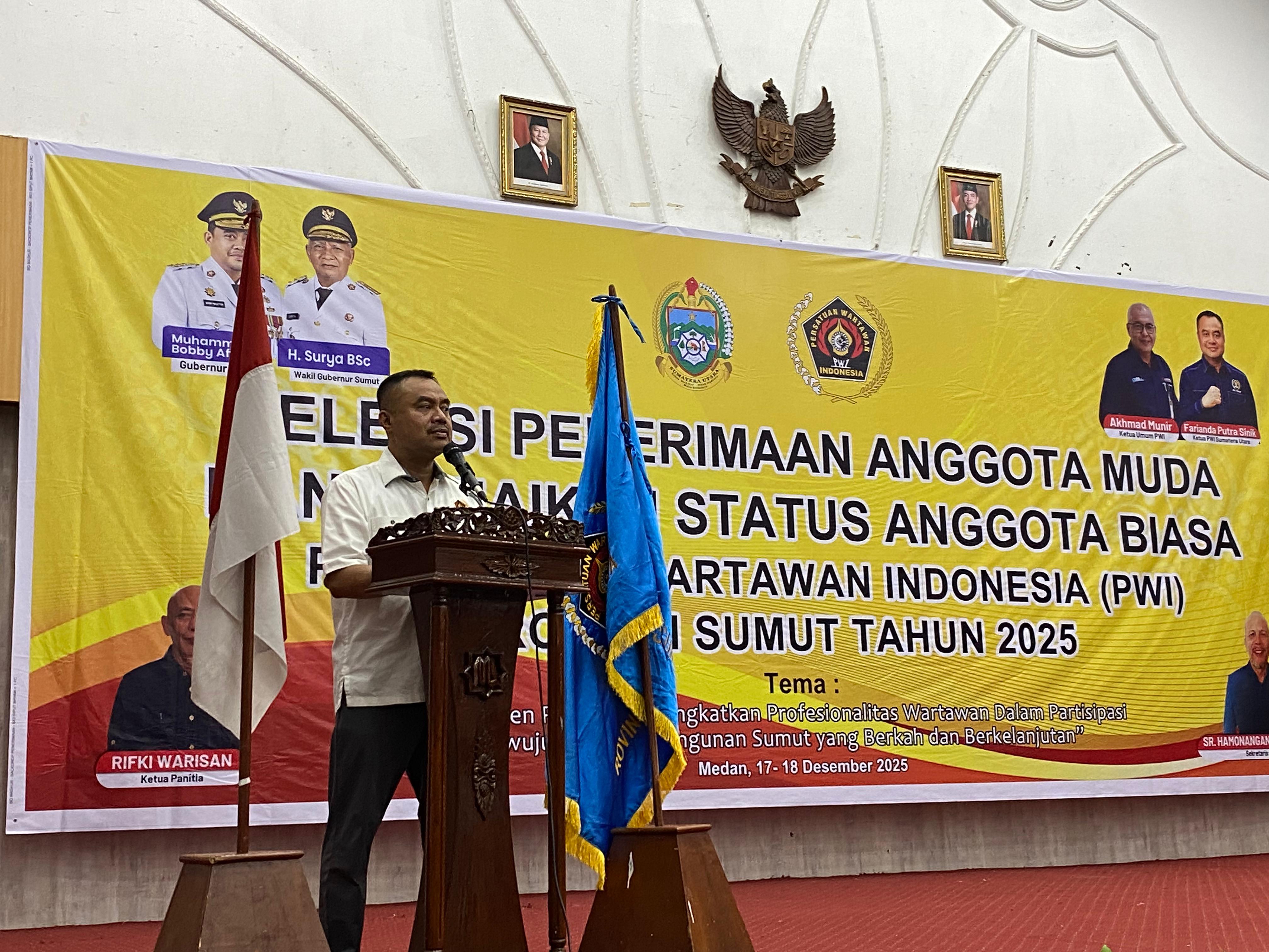 Ketua PWI Sumut, H. Farianda Putra Sinik, SE saat memberikan sambutan pada acara seleksi penerimaan anggota muda dan kenaikan status anggota biasa PWI Sumut Tahun 2025.