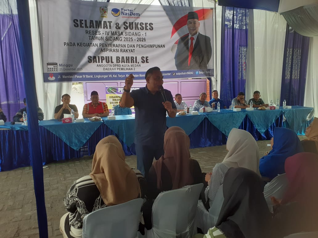 RESES: Saiful Bahri saat Reses IV Masa Sidang I Tahun Sidang 2025-2026 di Jalan Marelan I, Pasar IV Barat, Lingkungan VII, Kelurahan Terjun, Kecamatan Medan Marelan, Minggu (21/12/2025). (Dok: ist)