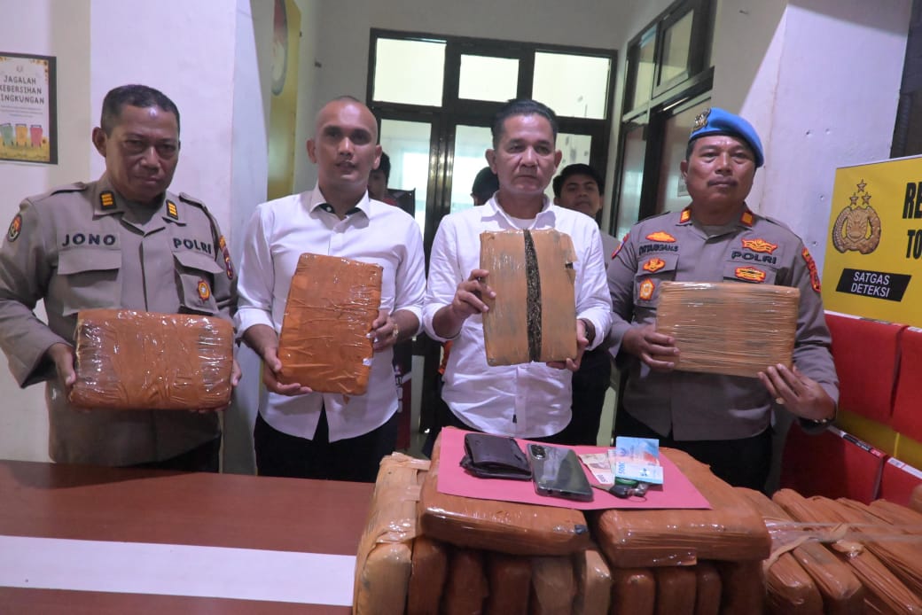 Kasatres Narkoba Polres Labuhanbatu Selatan,  AKP Sahat Marulam Lumban Gaol, SH menunjukkan barang bukti ganja. (KHAIRUDDIN/SUMUT POS)