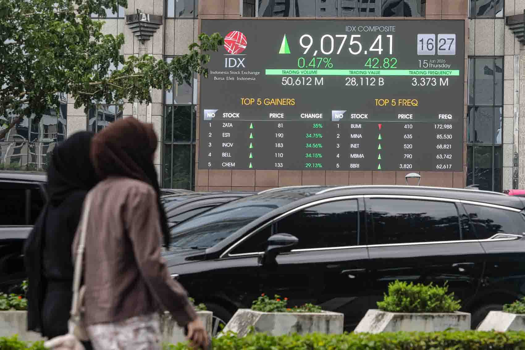 warga melintas di depan layar yang menampilkan pergerakan harga saham di gedung Bursa Efek Jakarta, Kamis (15/1). (SALMAN TOYIBI/JAWA POS)