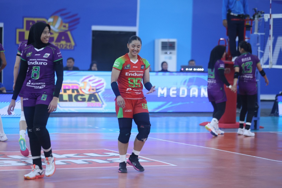 BELA: Megawati Hangestri dan Nurlaeli saat membela Pertamina Enduro di Proliga 2026 Seri Medan, di GOR Sport Centre Sumut, Kamis (16/1/2026). (Dok: Proliga)