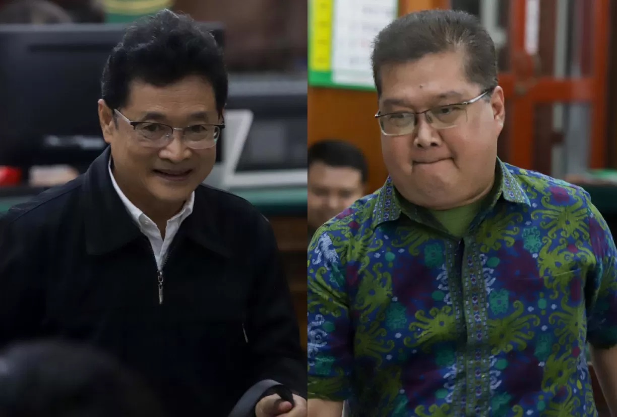 Mantan Wadir Keuangan Jawa Pos Basuki dan Dosen Unair Bambang Sugeng Ariadi Subagyono hadiri sidang sengketa kepemilikan PT Dharma Nyata Press di PN Surabaya, Selasa (20/1). (Alfian RIzal/Jawa Pos)