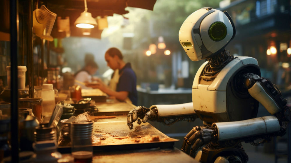 ILUSTRASI: Robotika sedang melakukan pekerjaan membersihkan sisa makanan di salah satu restoran. (foto hasil buatan AI/FREEPIK)
