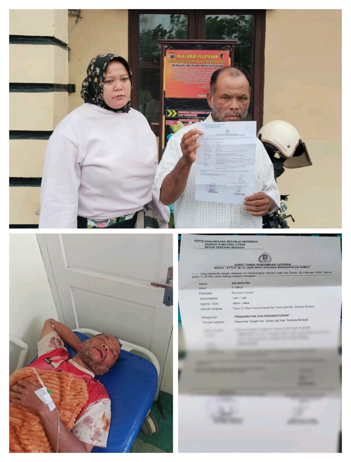 Edi Saputra didampingi isteri saat buat laporan ke Polres Sergai. (Fadly/Sumut Pos )