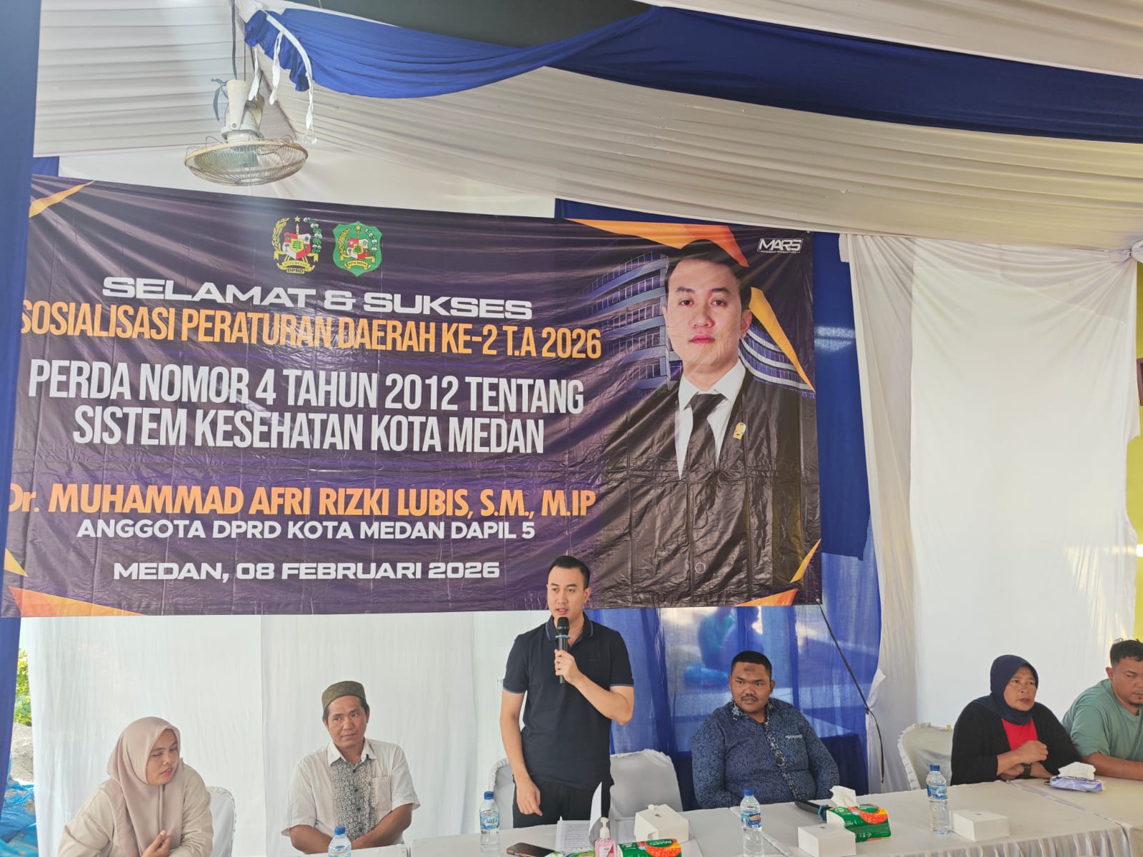 Anggota DPRD Kota Medan Fraksi Partai NasDem, Dr. M. Afri Rizki Lubis SM M.IP saat menggelar Sosialisasi perda Kota Medan tentang sistem kesehatan kota Medan. (ISTIMEWA/SUMUT POS)