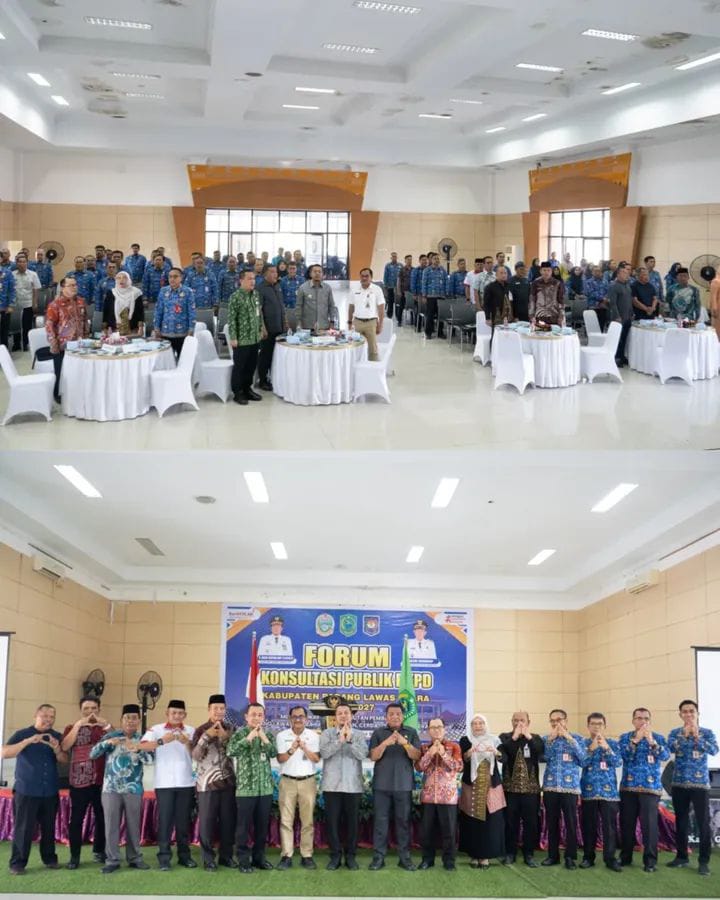 Bupati Padang Lawas Utara, H. Reski Basyah Harahap, S.STP., M.Si. diabadikan bersama peserta kegiatan RKPD yang digelar di gedung Serbaguna Kantor Bupati.
