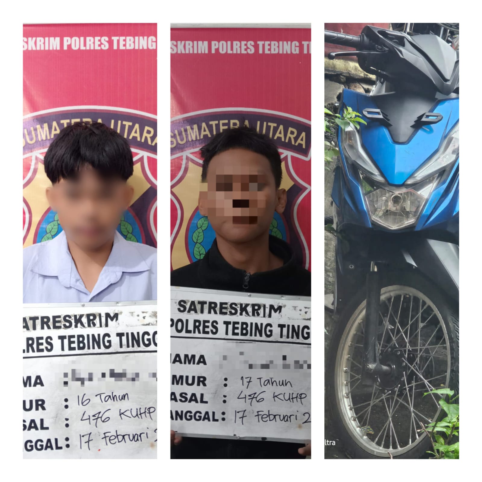 Dua pelaku dan satu barang bukti sepeda motor Honda Beat warna biru putih BK3751 yang yang berhasil di aman kan(19/02/2026). (Azan Purba/Sumut Pos)