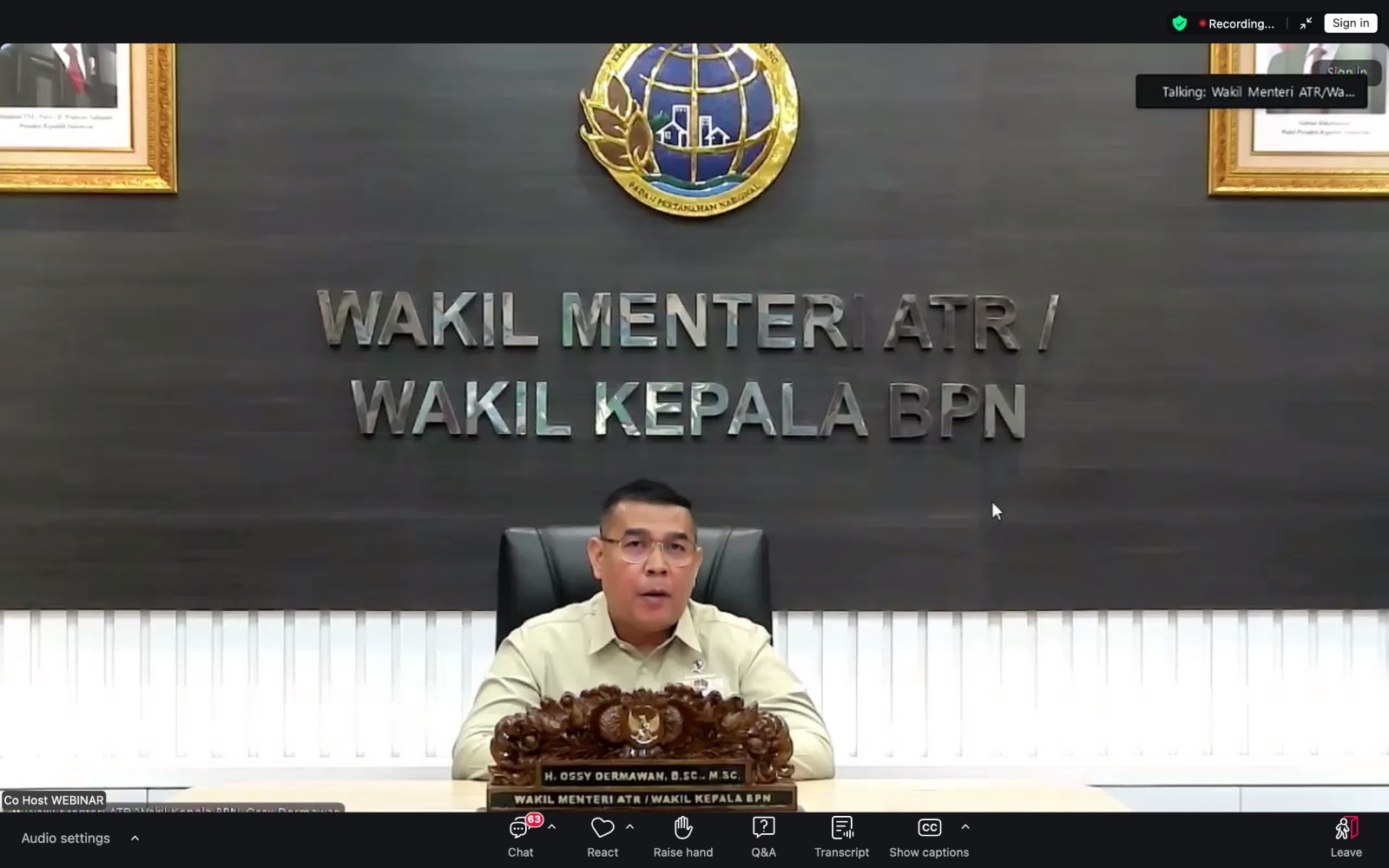 Wamen ATR/Waka BPN  Ossy Dermawan saat menjadi   narasumber dalam Webinar Nasional Masyarakat Profesi Penilai Indonesia (MAPPI), Senin (23/02/2026).  (Biro ATR/BPN/ Sumut Pos)