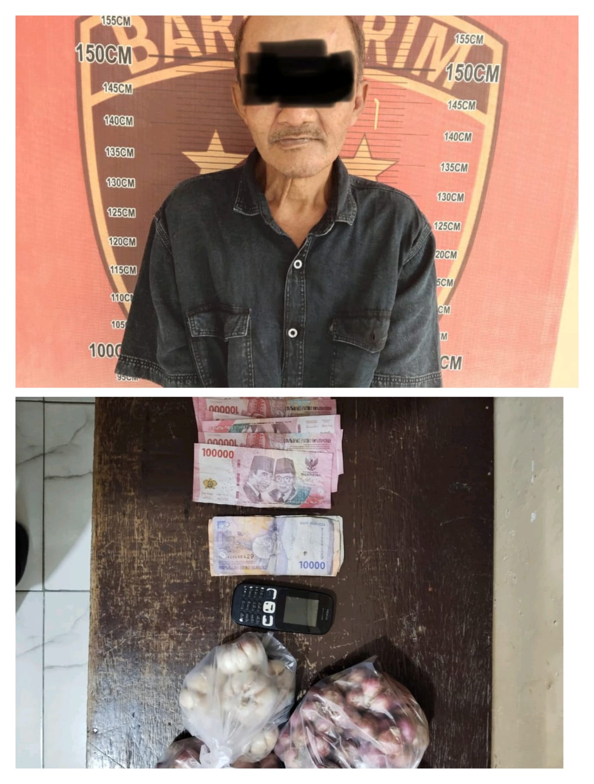 terduga pelaku erdarkan uang palsu  FL ( 67 )  saat diamankan satresrim Polsek Pembuangan. ( Fadly/Sumut Pos )