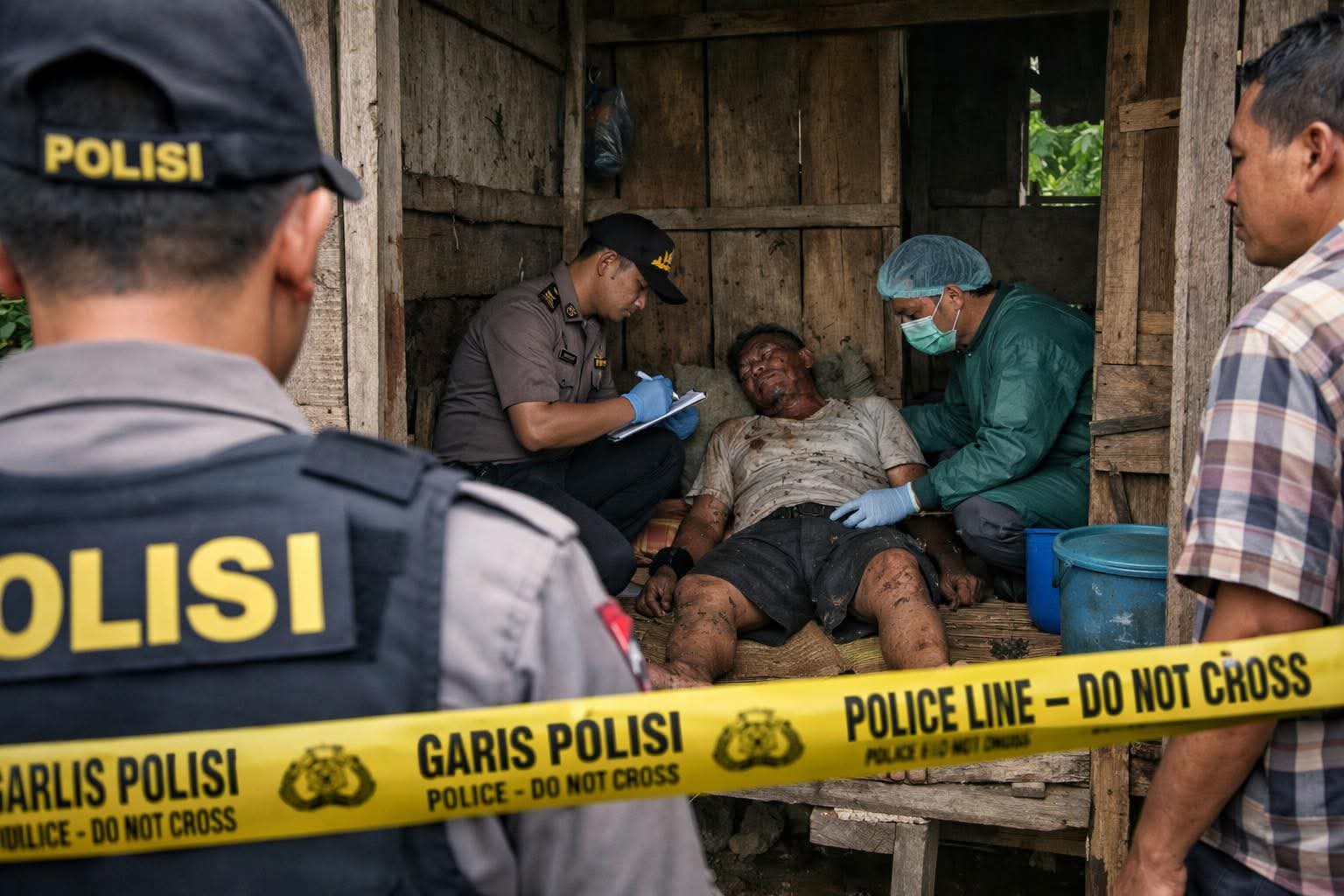 Petugas Polsek Torgamba melakukan olah TKP terhadap korban tewas di pondok.(ISTIMEWA/SUMUT POS)