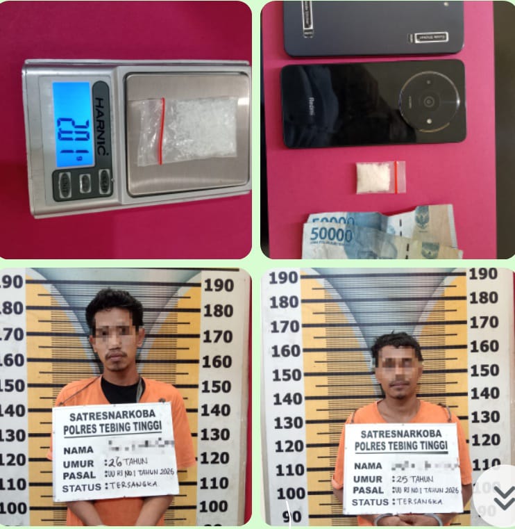 Polres Tebing Tinggi mengamankan dua tersangka kasus dugaan peredaran narkotika jenis sabu asal Kabupaten Simalungun. (COLASE FOTO/SUMUT POS)