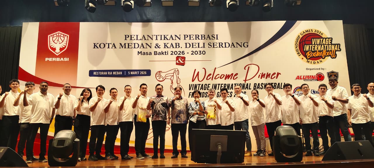 PERBASI: Ketua Umum KONI Kota Medan Aswindy Fachrizal dan undangan bersama pengurus Perbasi Kota Medan periode 2026-2030. (Dok: KONI Medan)  