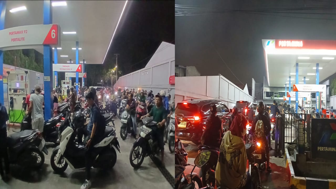 SPBU: Salah satu SPBU di Kota Medan, terjadi antrean kendaraan roda dua dan roda empat dipicu isu kelangkaan BBM, Kamis (5/3/2026) malam. (Dok: istimewa) 