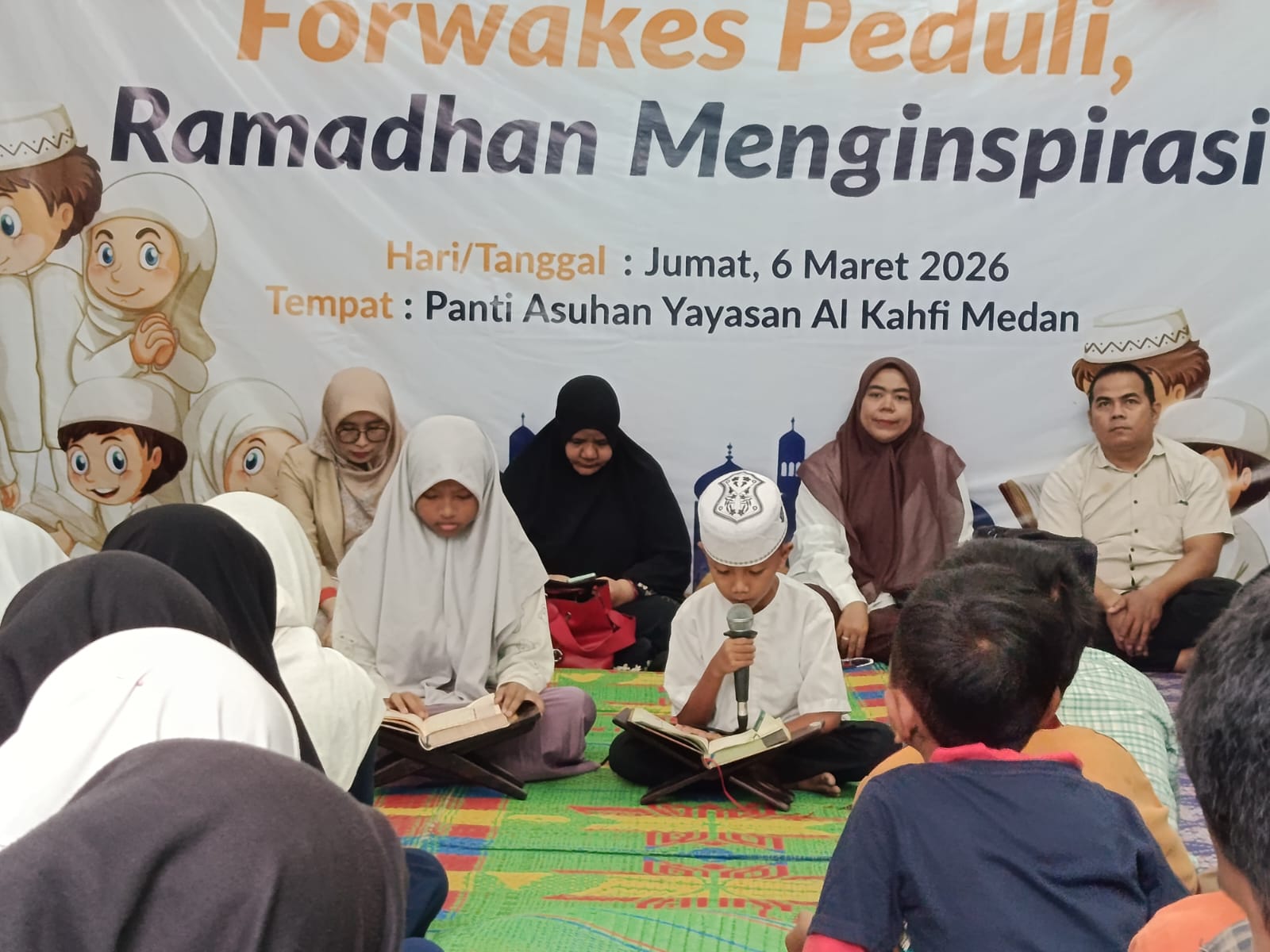 Forwakes Sumatera Utara menggelar kegiatan berbuka puasa bersama anak yatim piatu di Yayasan Al Kahfi, Jalan Arifin No.72, Sitirejo II, Kecamatan Medan Amplas, Kota Medan, Jumat (6/3/2026).