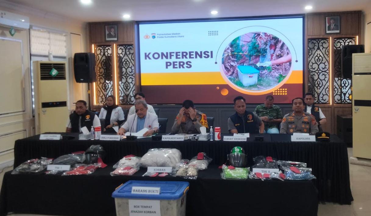 KASUS: Polrestabes Medan memaparkan kasus pembunuhan remaja wanita dalam boks kontainer, Selasa (17/3/2026). (Dok: istimewa)