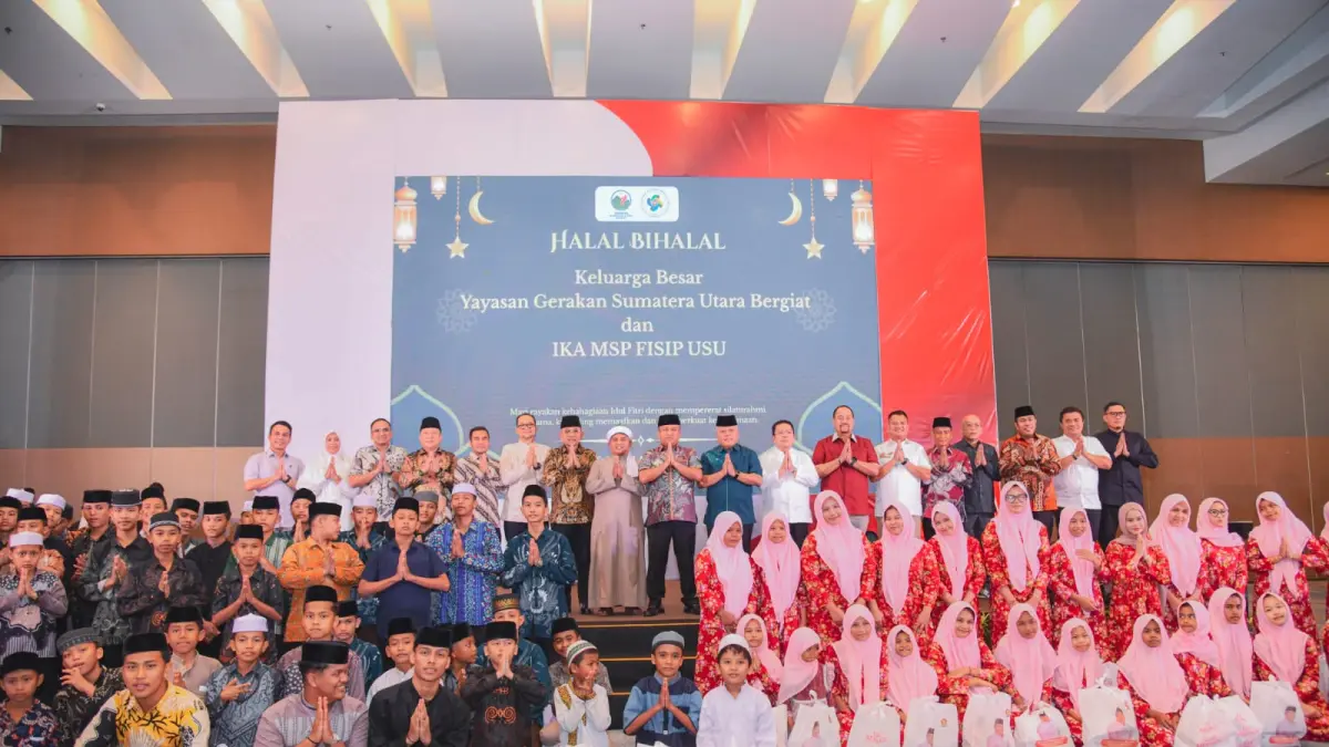 HALALBIHALAL: Bupati BatuBara H. Baharuddin Siagian, S.H., M.Si., bersama Wakil Bupati Syafrizal, S.E., M.AP., hadiri  halalbihalal  Keluarga Besar Yayasan Gerakan Sumatera Utara Bergiat dan Ikatan Alumni MSP FISIP USU, di Ballroom Santika Premiere Dyandra, Medan, Sabtu (4/4/2026). (Komimfo Batubara/Sumut Pos)