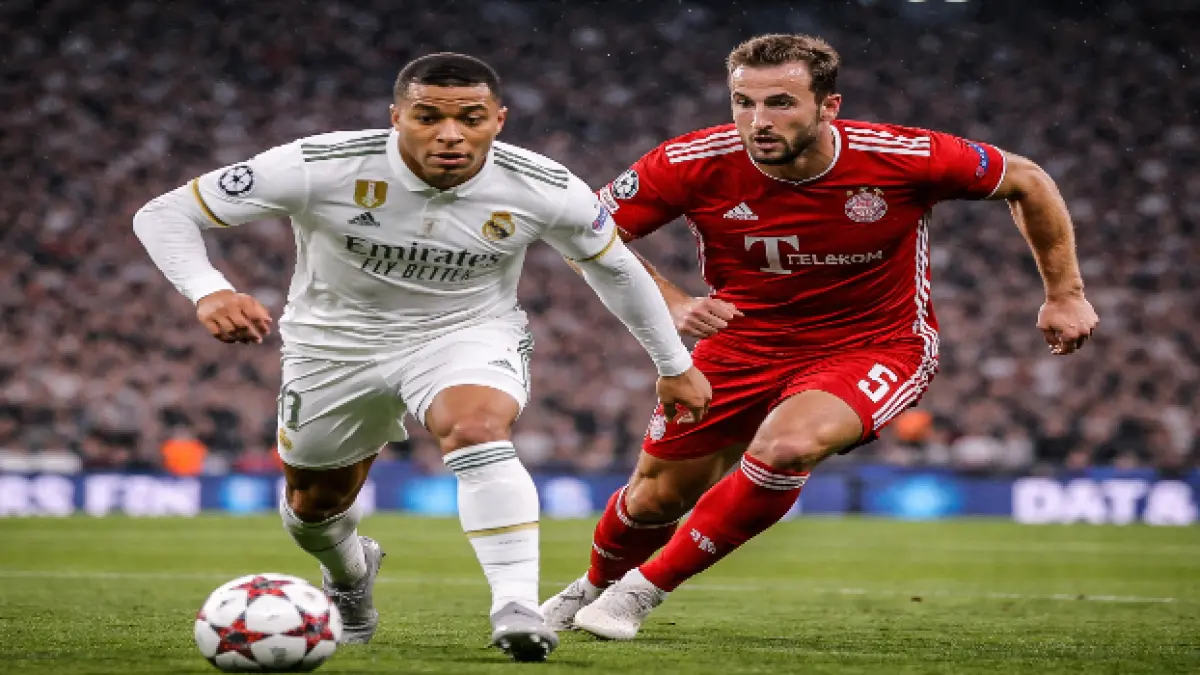 ADU TAJAM: Striker Real Madrid, Kylian Mbappe, dan bomber Bayern Munchen, Harry Kane, jadi tumpuan gol klub masing-masing dalam first leg perempat final Liga Champions di Estadio Santiago Bernabeu, Madrid, dini hari nanti (8/4). (foto: ChatGpt)