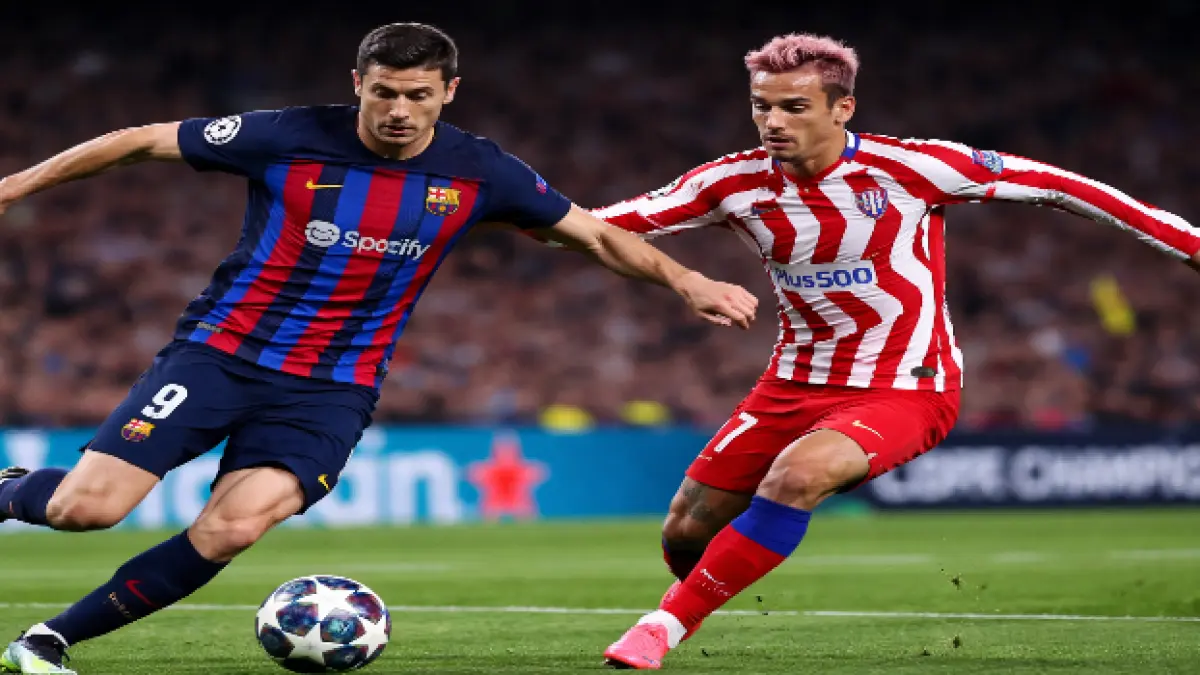 AMBISI: Bomber FC Barcelona Robert Lewandowski bertekad mencetak gol sekaligus meraih kemenangan lagi atas Atletico Madrid dalam&nbsp;first leg&nbsp;perempat final Liga Champions di Camp Nou dini hari nanti (9/4).(foto: olahan chatGpt)
