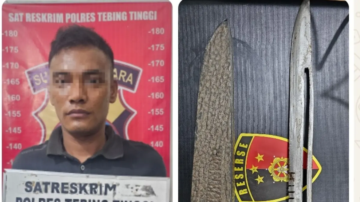 Pelaku  RP(29) bersama barang bukti 1  buah pisau belati saat diamankan di Polres Tebintinggi. (Azan Purba/ Sumut Pos)